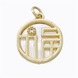 Copper Circle Pendant Pave Zirconia Shell Lucky Fu Gold Plated, approx 16.5mm [FD17365]