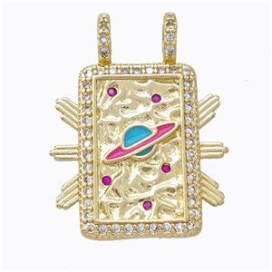 Copper Tarot Card Pendant Pave Zirconia Enamel Planet Rectangle Gold Plated, approx 21-30mm [FD17367]