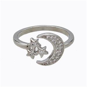 Copper Moon Ring Pave Zirconia Star Platinum Plated, approx 12mm, 18mm dia [FD17460]