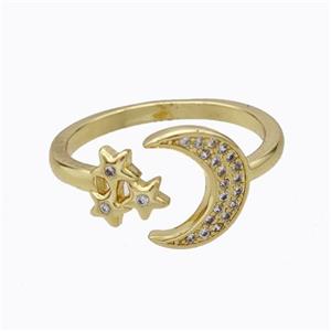 Copper Moon Ring Pave Zirconia Star Gold Plated, approx 12mm, 18mm dia [FD17461]