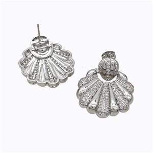 Copper Scallop Stud Earrings Micropave Zirconia Platinum Plated, approx 25-30mm [FD17581]