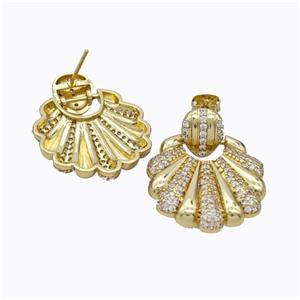 Copper Scallop Stud Earrings Micropave Zirconia Gold Plated, approx 25-30mm [FD17582]