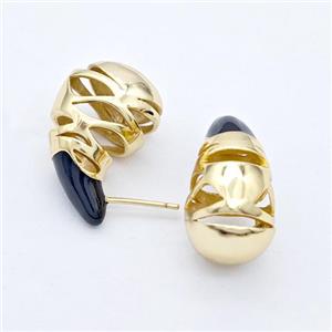 Copper Teardrop Stud Earrings Black Enamel Hollow Gold Plated, approx 13-25mm [FD17600]