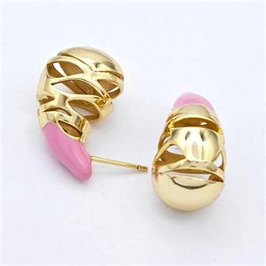 Copper Teardrop Stud Earrings Pink Enamel Hollow Gold Plated, approx 13-25mm [FD17601]