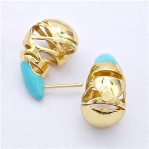 Copper Teardrop Stud Earrings Turqblue Enamel Hollow Gold Plated, approx 13-25mm [FD17602]