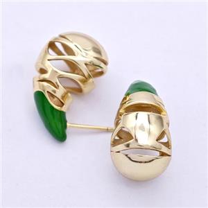 Copper Teardrop Stud Earrings Green Enamel Hollow Gold Plated, approx 13-25mm [FD17603]