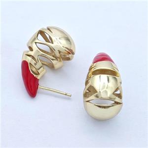 Copper Teardrop Stud Earrings Red Enamel Hollow Gold Plated, approx 13-25mm [FD17604]