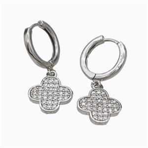Copper Hoop Earrings Clover Pave Zirconia Platinum Plated, approx 12mm, 14mm dia [FD17622]