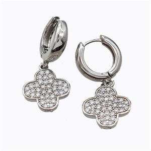 Copper Hoop Earrings Clover Pave Zirconia Platinum Plated, approx 15mm, 15mm dia [FD17624]