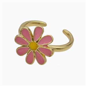 Copper Daisy Rings Pink Enamel Flower Gold Plated, approx 15mm, 18mm dia [FD17633]