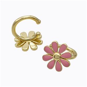 Copper Daisy Clip Earrings Flower Pink Enamel Gold Plated, approx 15mm, 15mm dia [FD17635]