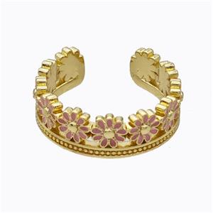 Copper Daisy Rings Flower Pink Enamel Gold Plated, approx 6.5mm, 18mm dia [FD17637]
