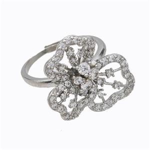 Copper Flower Rings Micropave Zirconia Adjustable Platinum Plated, approx 20mm, 18mm dia [FD17646]