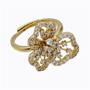 Copper Flower Rings Micropave Zirconia Adjustable Gold Plated, approx 20mm, 18mm dia [FD17647]