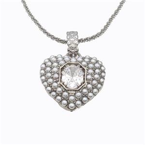 Copper Heart Necklace Pave Pearlized Resin Platinum Plated, approx 25mm, 2mm, 42-47cm length [FD17670]