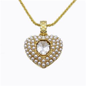 Copper Heart Necklace Pave Pearlized Resin Gold Plated, approx 25mm, 2mm, 42-47cm length [FD17671]