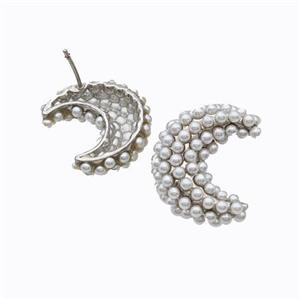 Copper Moon Stud Earrings Micropave Pearlized Resin Platinum Plated, approx 20-25mm [FD17672]