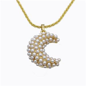 Copper Moon Necklace Pave Pearlized Resin Gold Plated, approx 20-25mm, 2mm, 42-47cm length [FD17677]