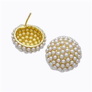 Copper Stud Earrings Micropave Pearlized Resin Button Gold Plated, approx 21mm [FD17679]