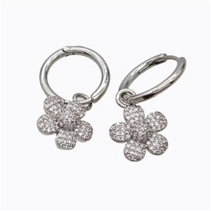 Copper Flower Hoop Earrings Pave Zirconia Platinum Plated, approx 13.5mm, 16mm dia [FD17682]