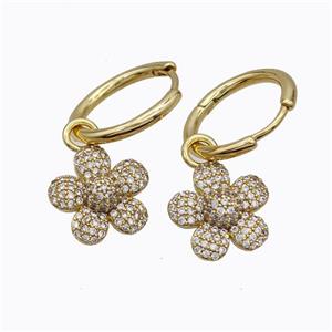 Copper Flower Hoop Earrings Pave Zirconia Gold Plated, approx 13.5mm, 16mm dia [FD17683]