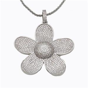 Copper Flower Necklace Pave Zirconia Platinum Plated, approx 44mm, 2mm, 42-47cm length [FD17684]