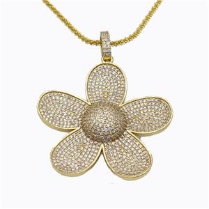 Copper Flower Necklace Pave Zirconia Gold Plated, approx 44mm, 2mm, 42-47cm length [FD17685]