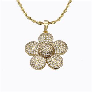 Copper Flower Necklace Pave Zirconia Gold Plated, approx 25mm, 2mm, 42-47cm length [FD17687]