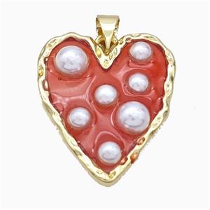 Copper Heart Pendant Pave Pearlized Resin Red Gold Plated, approx 20-25mm [FD17716]