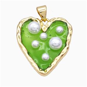 Copper Heart Pendant Pave Pearlized Resin Green Gold Plated, approx 20-25mm [FD17718]