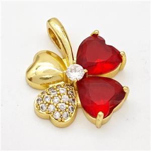 Copper Clover Pendant Pave Zirconia Red Crystal Glass Gold Plated, approx 20-24mm [FD17737]