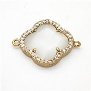 White Cats Eye Glass Copper Clover Connector Pave Zirconia Gold Plated, approx 20mm [FD17760]