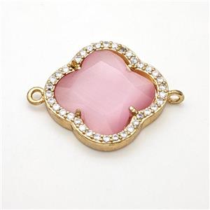 Pink Cat Eye Glass Copper Clover Connector Pave Zirconia Gold Plated, approx 20mm [FD17761]