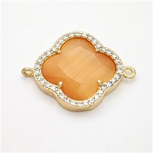 Orange Cats Eye Glass Copper Clover Connector Pave Zirconia Gold Plated, approx 20mm [FD17762]