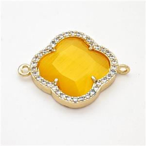 Golden Cats Eye Glass Copper Clover Connector Pave Zirconia Gold Plated, approx 20mm [FD17763]