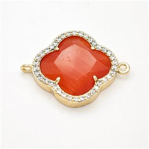 Red Cats Eye Glass Copper Clover Connector Pave Zirconia Gold Plated, approx 20mm [FD17764]
