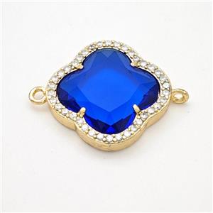 Blue Crystal Glass Copper Clover Connector Pave Zirconia Gold Plated, approx 20mm [FD17765]