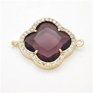 Purple Crystal Glass Copper Clover Connector Pave Zirconia Gold Plated, approx 20mm [FD17766]