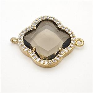 Smoky Crystal Glass Copper Clover Connector Pave Zirconia Gold Plated, approx 20mm [FD17767]