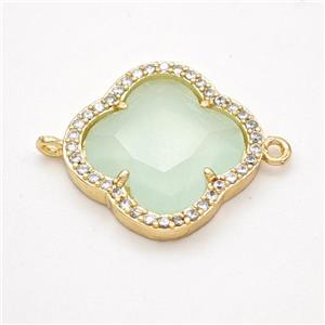 Lt.green Jadeite Glass Copper Clover Connector Pave Zirconia Gold Plated, approx 20mm [FD17768]