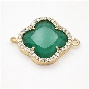 Green Jadeite Glass Copper Clover Connector Pave Zirconia Gold Plated, approx 20mm [FD17769]