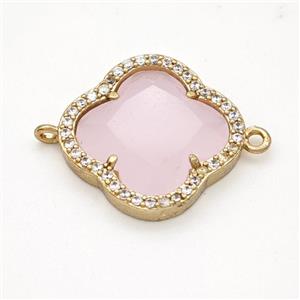 Pink Jadeite Glass Copper Clover Connector Pave Zirconia Gold Plated, approx 20mm [FD17770]