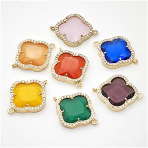 Glass Copper Clover Connector Pave Zirconia Gold Plated Mixed, approx 20mm [FD17771]