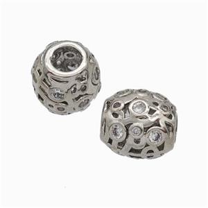 Copper Barrel Beads Micropave Zirconia Large Hole Platinum Plated, approx 9-10mm, 4mm hole [FD17848]