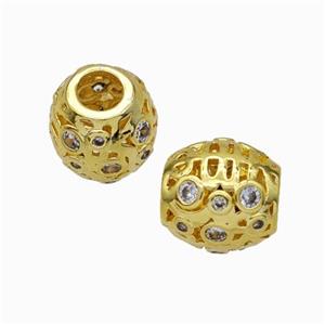 Copper Barrel Beads Micropave Zirconia Large Hole Gold Plated, approx 9-10mm, 4mm hole [FD17849]