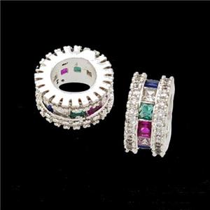 Copper Heishi Spacer Beads Micropave Zirconia Large Hole Shiny Silver, approx 10mm, 6mm hole [FD17888]
