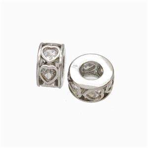 Copper Heishi Spacer Beads Micropave Zirconia Heart Large Hole Platinum Plated, approx 9mm, 5mm hole [FD17891]