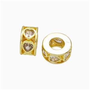 Copper Heishi Spacer Beads Micropave Zirconia Heart Large Hole Gold Plated, approx 9mm, 5mm hole [FD17892]