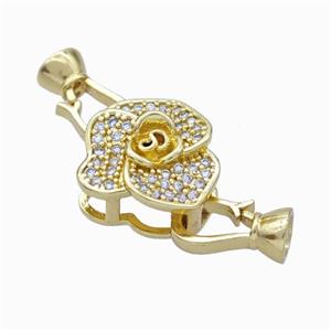 Copper Cordend Clasp Pave Zirconia Flower Gold Plated, approx 15-16mm, 7-12mm [FD17953]
