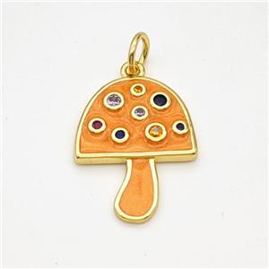 Copper Mushroom Pendant Pave Zirconia Orange Painted Gold Plated, approx 16-20mm [FD17972]